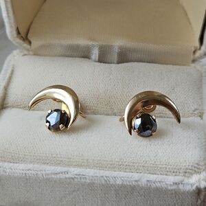 14k Gold Crescent Moon Earrings with Black Diamond